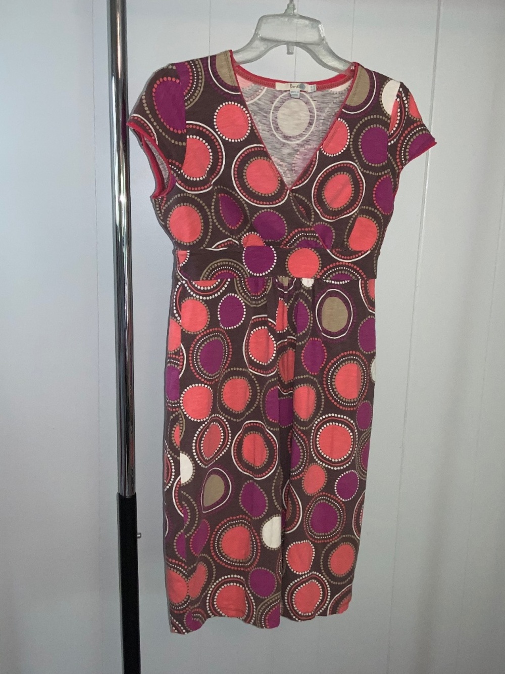 Boden v neck Dress Size 6P US Circle Dot Print Cap Sleeve Pink Brown